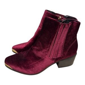 Hotsoles London Velvet Ankle Boots Burgundy Block Heel Zip Detail Women’s 7.5